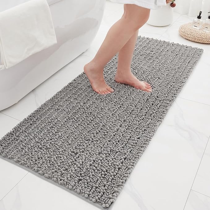 Bathroom Rugs Non Slip Washable 55x24, Extra Thick Soft Chenille Absorbent Bath Mat, High Density Barrier Non Slip Backing, Quick Dry Plush Shaggy Floor Carpet for Tub&Shower, Grey