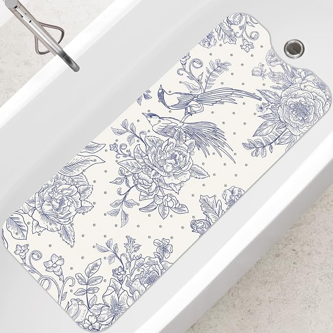 SHUCHING Vintage Blue Bath Mat for Tub Non Slip-40 X 16Inch, Flower and Bird Bathtub Mat Anti Slip for Women, Long Shower Mat for Bathroom Mold Free, Machine Washable