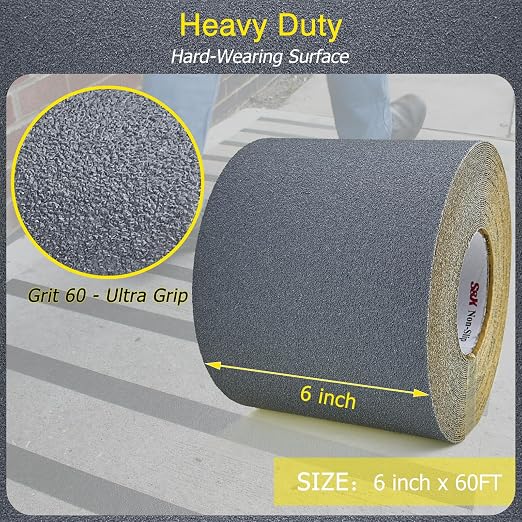 S&X Gray Anti Slip Tape 6 Inch x 60 FT Roll, Ultimate Non-Slip Skid Grip Tape for Outdoor Stair Treads, Wooden Steps & Exterior Grips, Grit 60, Waterproof, Extra-Durable