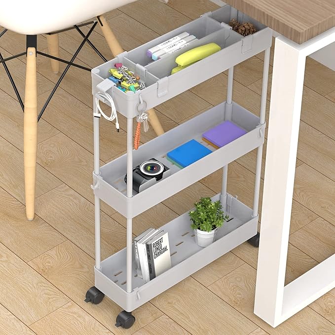 SPACELEAD Slim Storage Cart 3 Tier,Bathroom Organizer Rolling Utility,Mobile Shelving Unit Slide Out for Office, Kitchen, Laundry Room & Narrow Places,Gray