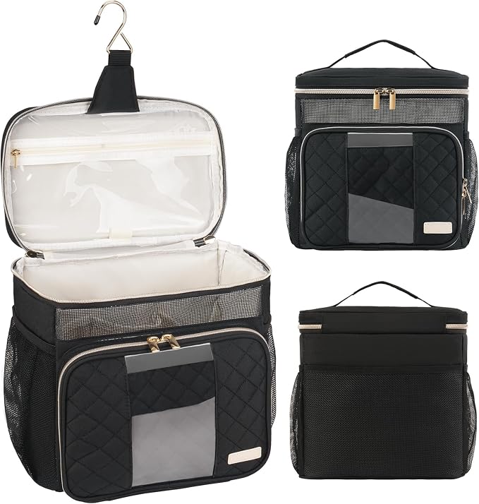 Portable Shower Caddy College Dorm Essentials (Full Size Bottle Compatible), Toiletry Bag for Women Men, Hanging Makeup Bag with Quickly Dry Mesh Base for Travel,Gym & Camping, Black