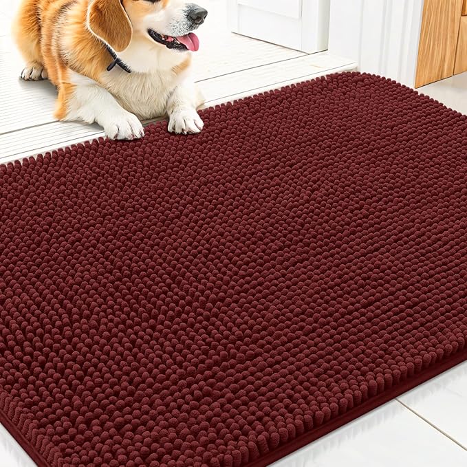 Smiry Dog Door Mat for Muddy Paws 30x20, Absorbent Dirt Trapper, Non-Slip Washable Chenille Entryway Rug for Inside Floor, Caramel Russet, Classic Solid