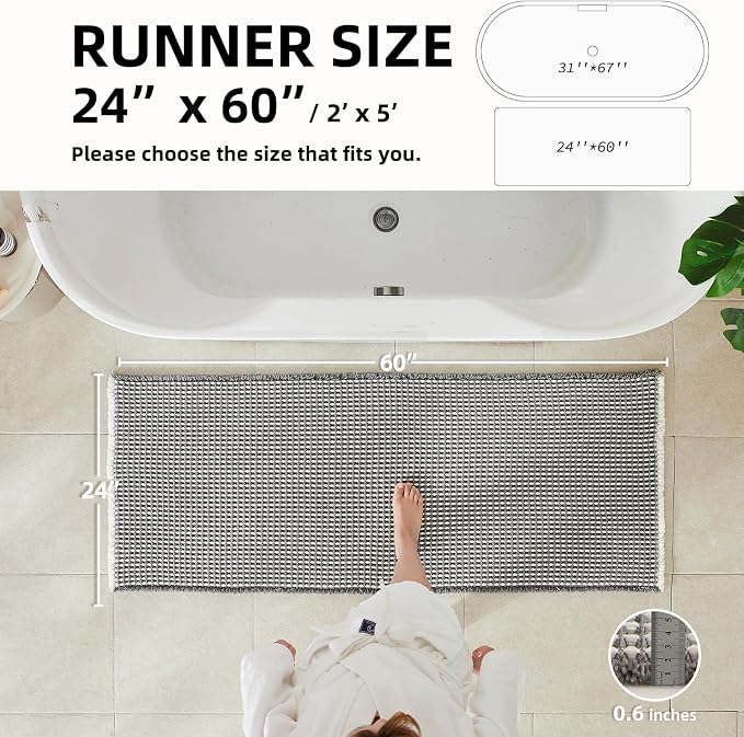 TYUU Waffle Runner Rug Bathroom, Long Boho Bathroom Rugs Non Slip Washable Super Absorbent Quick Dry Farmhouse Bath Decor, 60"x24" Grey and White