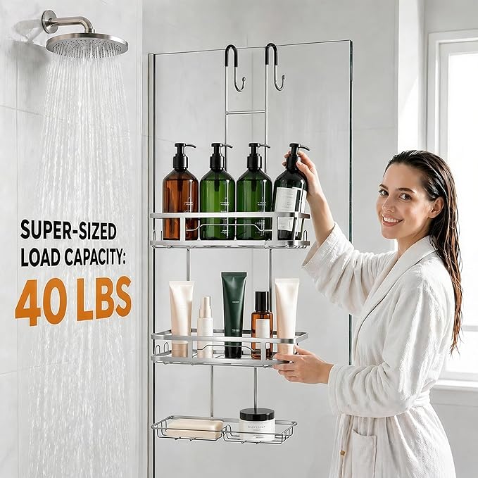 OMAIRA Over The Door Shower Caddy, 3-Tier Hanging Shower Organizer with 8 Hooks & Soap Holder, Height-Adjustable Rustproof Bathroom Shelf for Shower Door, No Drilling Storage Rack, Sliver