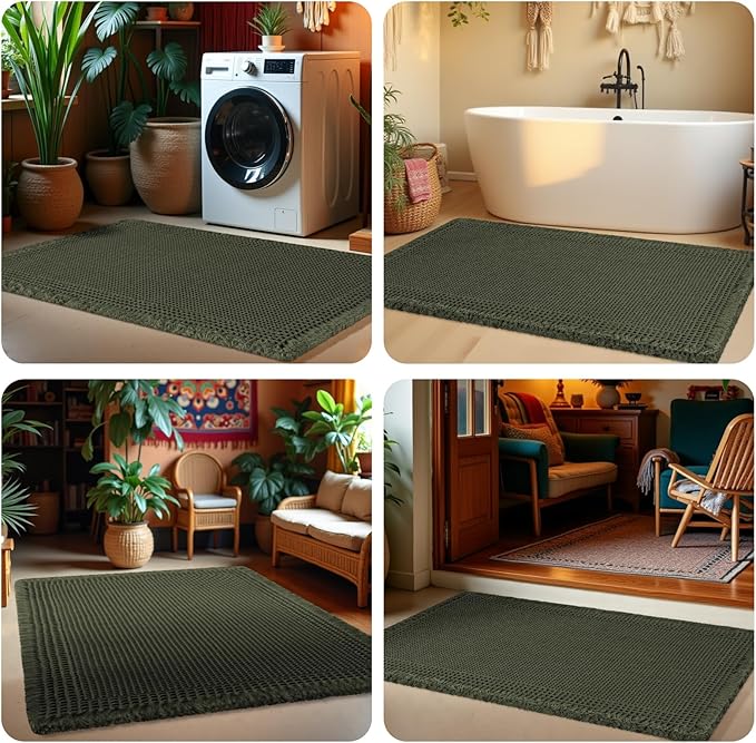 Waffle Bath Mat, Boho Woven Modern Bath Rug Absorbent Non Slip, Ultra Soft Bathroom Mats, Machine Washable Knit Bath Rugs with Tassels for Bathroom, Bedroom, Kitchen, Shower, Tub, 36"x24", Dark Green