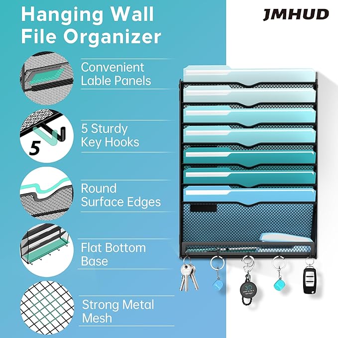 8-Tier Hanging Wall File Organizer with 5 Hooks, Mesh Wall File Holder Vertical Mount Mail Organizer for Papers, Folders, Magazines, Bills, Office and School, Black