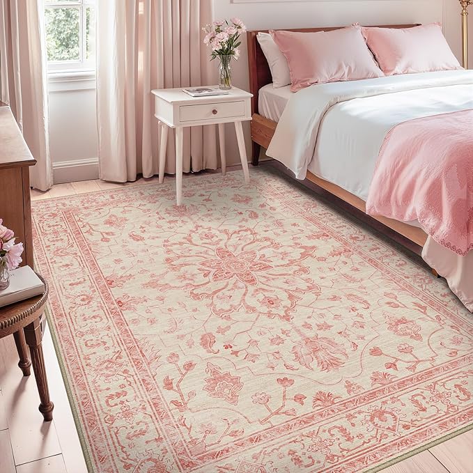RELEANY Area Rugs 5'x7' Washable Non-Slip, Floral Vintage Distress Medallion Carpet for Living Room Bedroom Dining Room, Pink Light Vintage Pink