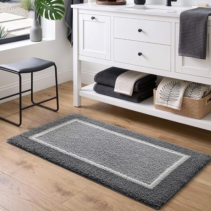 DEXI Bathroom Rugs 32x20, Absorbent Extra Soft Plush Microfiber Bath Mat for Bathroom, Non Slip Washable Bathmat Quick Dry for Shower Floor, Sink, Tub, Laundry Room, Light Grey