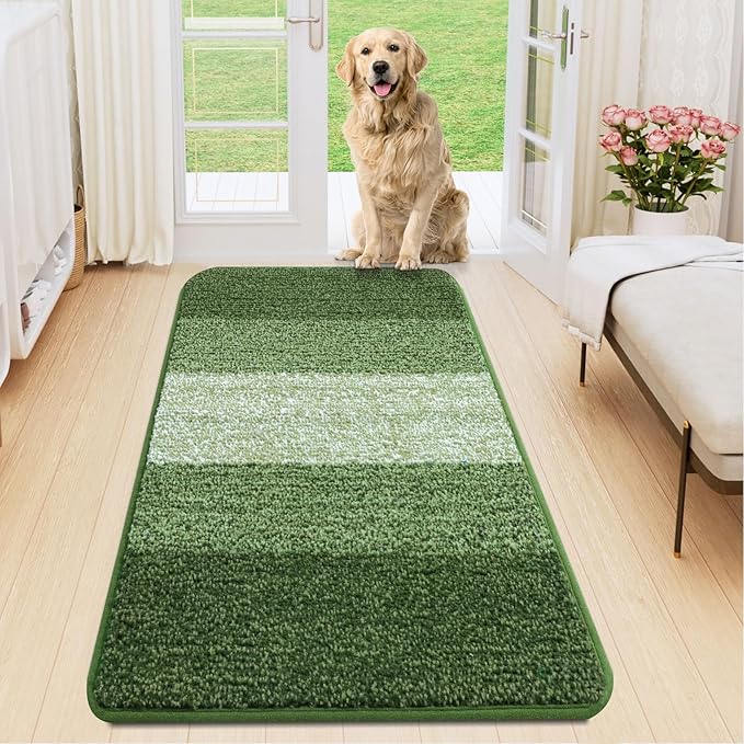 Smiry Dog Door Mat for Muddy Paws, Absorbs Moisture and Dirt, Low-Profile Entryway Mat with Non-Slip Backing, Entry Indoor Outdoor Doormat for Inside Floor (47x20 Inches, Green, Striped)