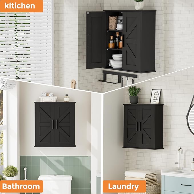 Homleke Bathroom Wall Cabinet, Over Toilet Storage Cabinet with Barn Doors and Adjustable Shelves, 3-Tier Medicine Cabinet Wall Mounted, for Bathroom, Kitchen, Entryway, Laundry Room, Black, (7.9" D)