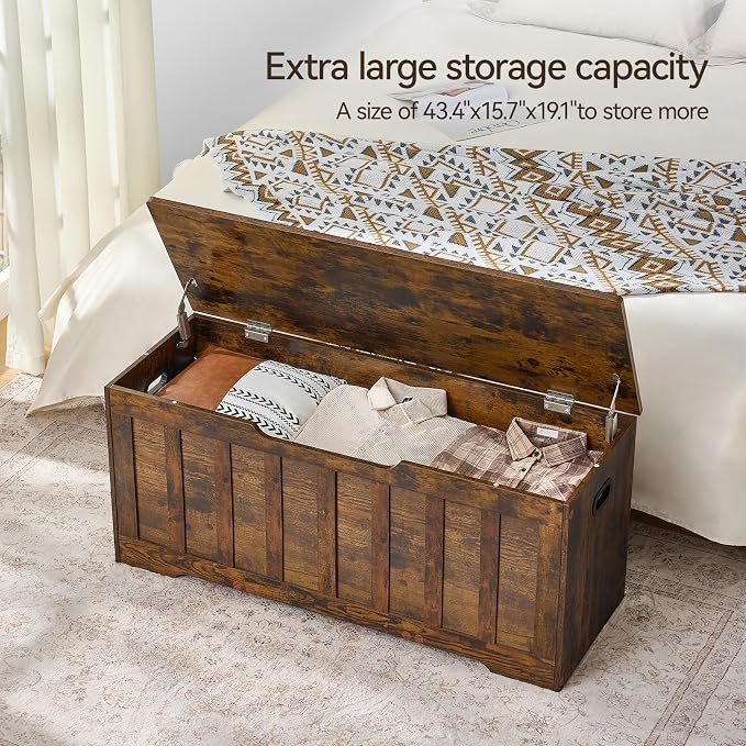 VANKILEY 43.3"Storage chest extra large,storage trunk with 2 safety Hinges,Wooden storage Bench,Shoe Bench,43.3x15.7x19.1 Inch,Easy Assembly,storage bench for bedroom,living room,entryway,Rustic Brown