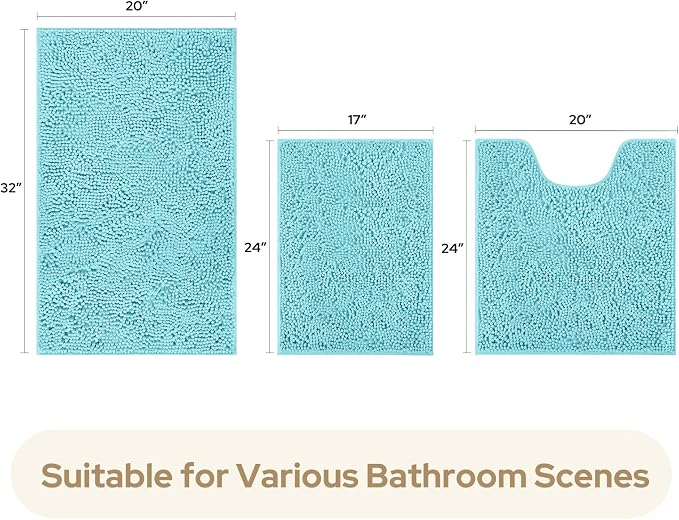 HOMEIDEAS 3 Pieces Bathroom Rugs, Ultra Soft Non Slip Absorbent Chenille Toilet Bath Mat Set (Aqua Blue)