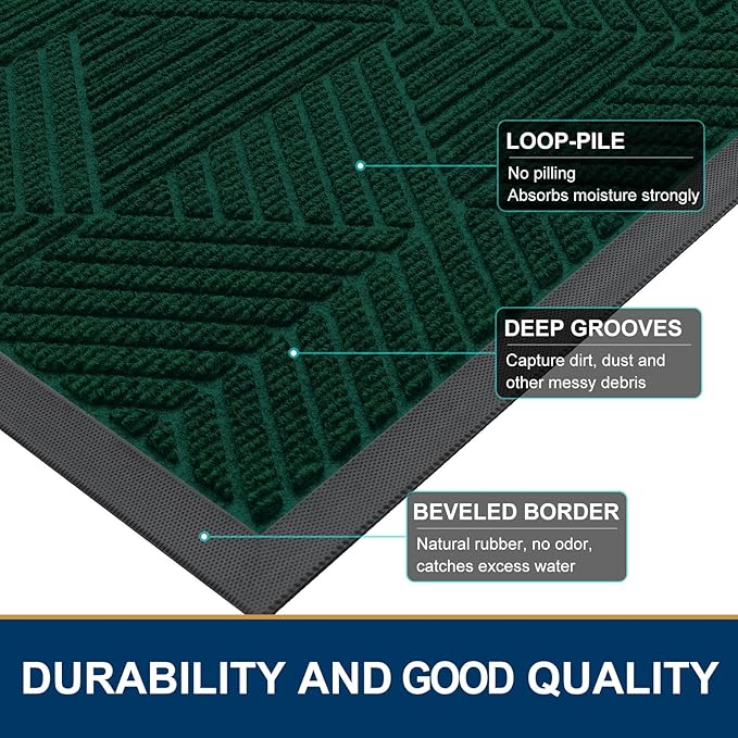 Smiry Front Door Mat Outside Entrance, Heavy Duty Sturdy Natural Rubber Doormat, Trap Dirt and Moisture, Easy Clean Low Profile Welcome Floor Mats for Indoor Outdoor Entry, 35X23 Inch, Deep Green