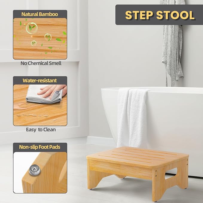 Wooden Step Stool for Adults & Kids, Non-Slip Rubber Feet, 6.5 INCH High, Lightweight Small Step, 450 LBS Capacity, Bed Step Stool for High Bed, Bathroom & Kitchen (Bamboo)