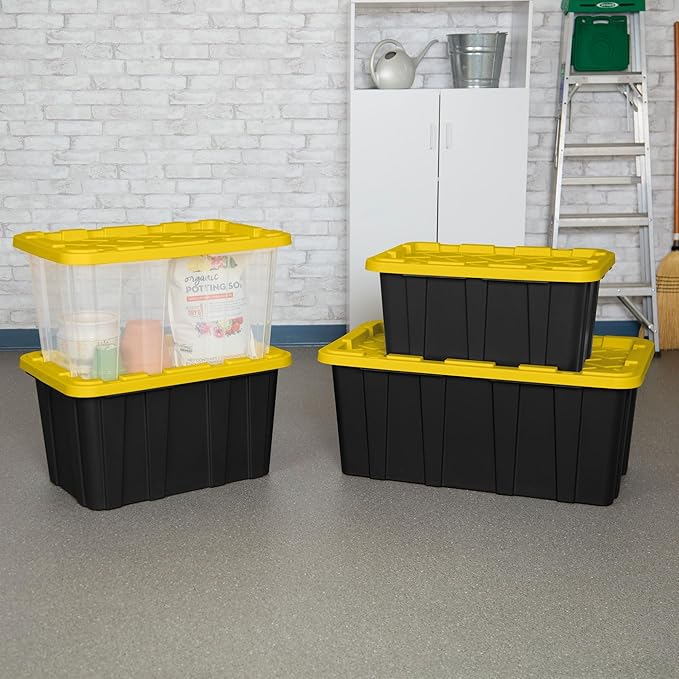 Sterilite 16-Pack Industrial Storage Box, Clear Plastic Organizer Bins with Handles, 27 Gallon, Yellow - Stackable Container Boxes for Bedroom, Bathroom, Garage, and Office Organization