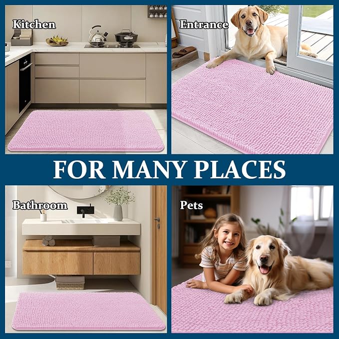 OLANLY Dog Door Mat for Muddy Paws 40x24, Absorbs Moisture and Dirt, Absorbent Non-Slip Washable Doormat, Quick Dry Chenille Mud Mat for Dogs, Entry Indoor Entryway Carpet for Inside Floor, Pink
