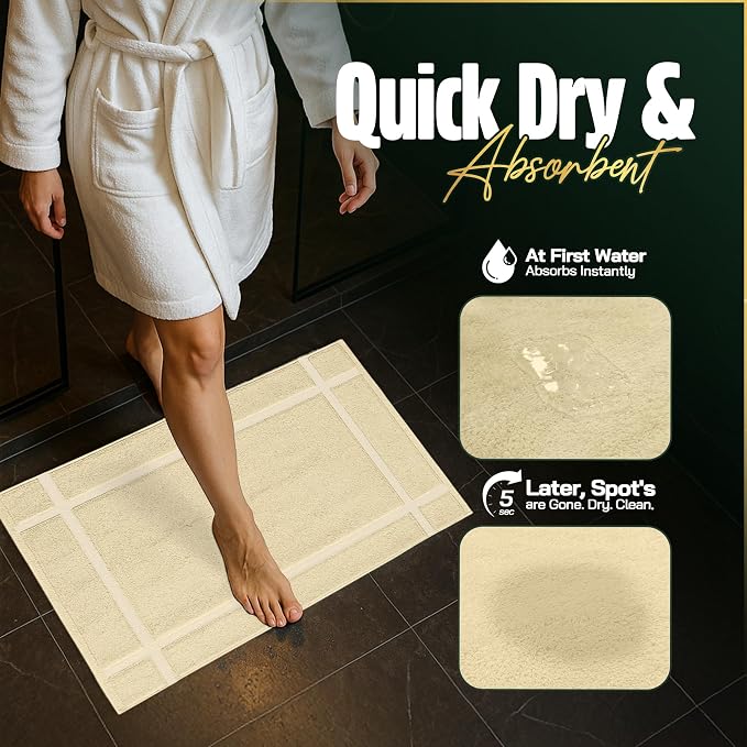 Pearl Linens Pack of 2 100% Cotton Bath Mat 18x25 inches, Soft & Absorbent Quick Dry Bathroom Mat Set, Not Bathroom Rugs, After Shower Mat, Bath Tub Mat, 781 GSM, Machine Washable, Beige