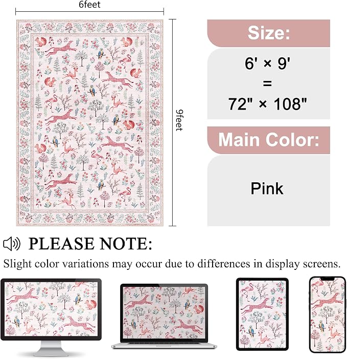 DUKINO 6x9 Rug, Washable Animal Living Room Rug with Non Slip Vintage Design, Soft Low Pile Large Carpet for Bedroom, Nursery, Dining Room, Farmhouse, Playroom, Pink