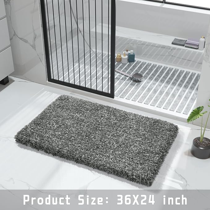 Yimobra Bathroom Rugs Non Slip Washable 36X24, Ultra Soft and Water Absorbent Bath Mats, Plush Shower Mat Outside, Luxury Microfiber Thick Matts for Bathroom Floor/Tub, Light Gray and Black Gray