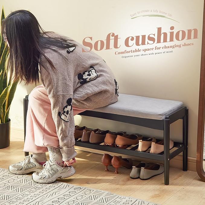 Shoe Bench Entryway Bamboo 2-Tier Shoe Rack with Cushion Padded Seat Shoe Bench Organizer Stable for Entry, Hallway, Living Room, Bedroom, Closet (39.4 * 11.4 * 16.5IN, Black-Gray)