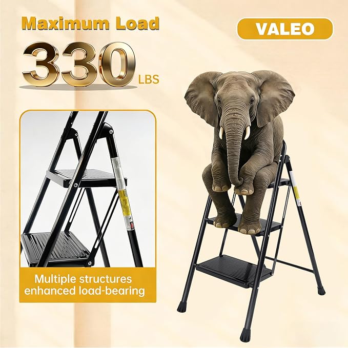 Valeo 3 Step Ladder, Step Stool with Wide Anti-Slip Pedal, 330 lbs Capacity,Step Ladder Folding Step Stool for Adults, Lightweight Steel Portable ladders for Home Kitchen & Office,Black