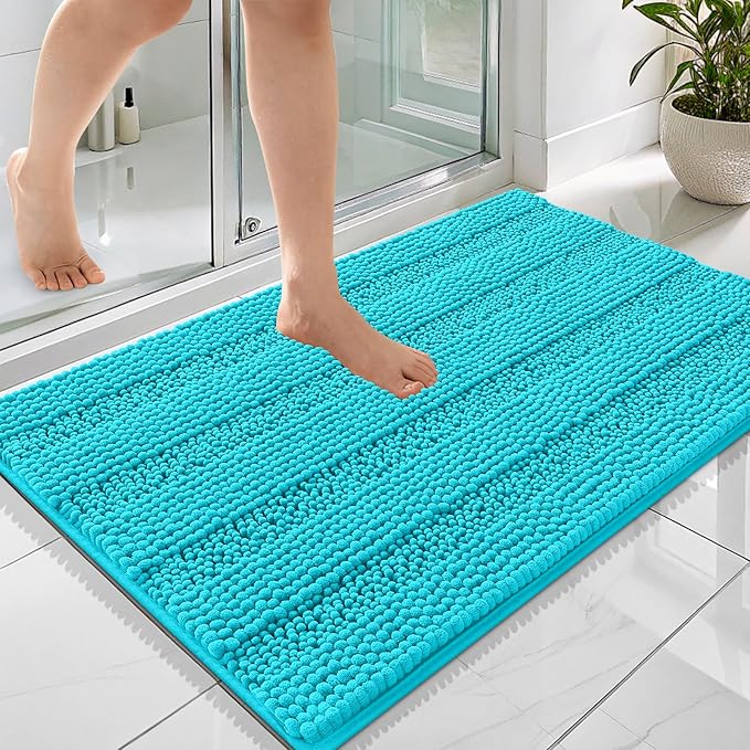 OLANLY Thick Bathroom Rugs 36x24, Extra Soft Absorbent Chenille Striped Bath Rugs, Rubber Backing, Machine Wash Dry, Bath Mats for Bathroom Floor, Tub and Shower, Home Decor Accessories, Aqua Sky