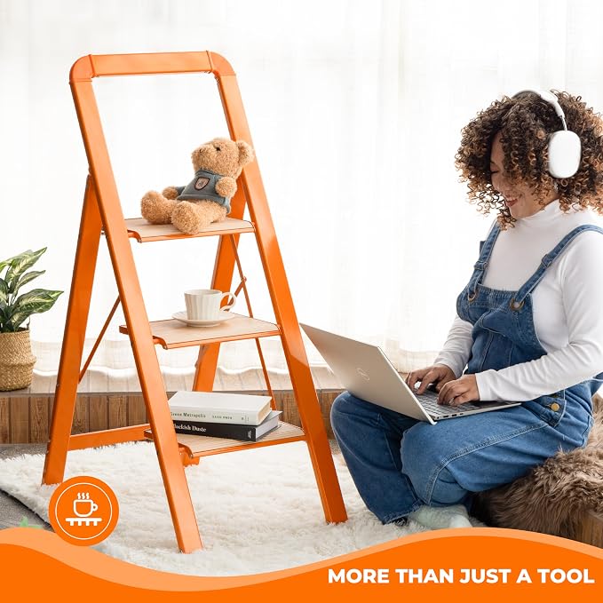 Step Stool 3 Step Ladder Lightweight Folding Step Stool Ladders for Home with Wide Anti-Slip Pedal Blanket Ladder Shelf for Ktichen, Office,Living Room