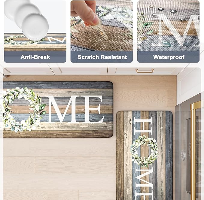 KIMODE Anti Fatigue Mats for Kitchen Floor,Comfort Cushioned Rugs Sets of 2,Wide Farmhouse Memory Foam Carpet Non Slip for Laundry Sink Office Bathroom,Blue 20"x47"+20"x32"