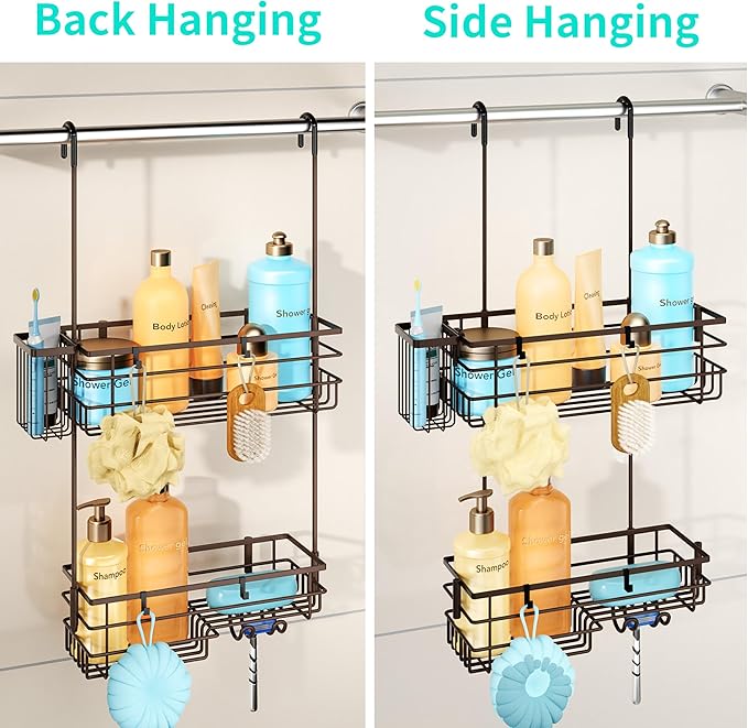 HapiRm Hanging Shower Caddy Organizer - No Drilling Shower Shelves with Hooks and Toothbrush Holder, Rustproof 304 Stainless Steel Bathroom Organizer - Bronze