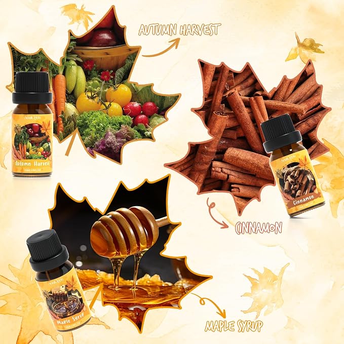 Soulorigin Autumn Fragrance Oils Set, Essential Oil for Diffuser, Fall Scent Diffuser Oil, Use for Soap Candle Making,Pumpkin Spice, Spiced Cider, Maple Syrup, Autumn Harvest, Cinnamon, and Apple Pie