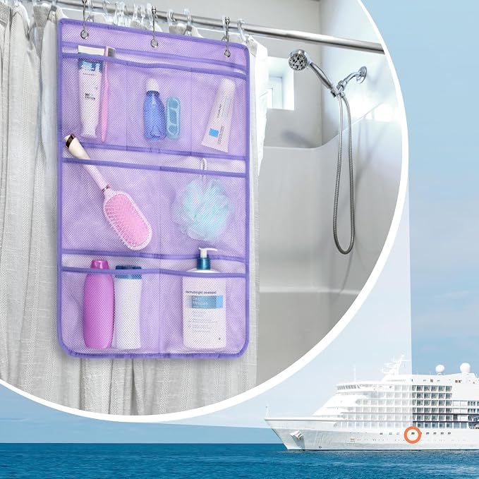 F-color Cruise Essentials 2026 - Mesh Shower Organizer Hanging with 7 Pockets for RV Gym Camping, Quick-Dry Portable Toiletry Bag with Metal Hooks for Bathroom Travel Toiletries, Purple+Purple