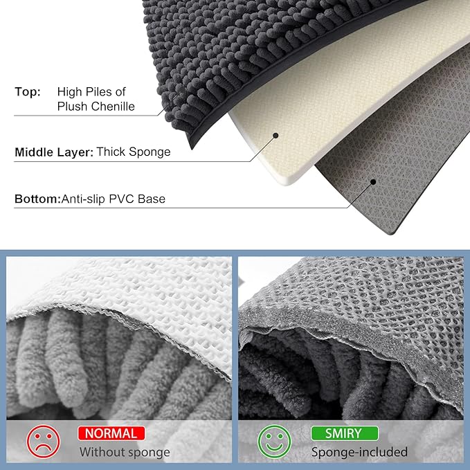 Smiry Luxury Chenille Bathroom Rugs 44x32, Extra Soft and Absorbent Shaggy Bath Mat, Machine Washable, Non-Slip Plush Carpet Runner for Tub, Shower, and Floor, Home Decor Accessories, Charcoal Grey