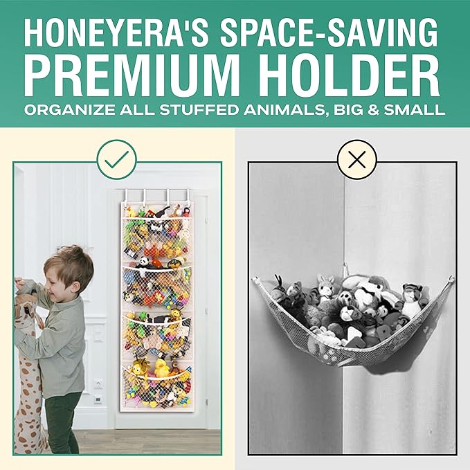 Honeyera The Original Stuffed Animal Storage (Patented) - Over Door Organizer for Stuffies, Baby Ideas Holder, Toy Plush Hammock Hanging Net Big Girls Toddler Large Bag Animals Stuffy Behind