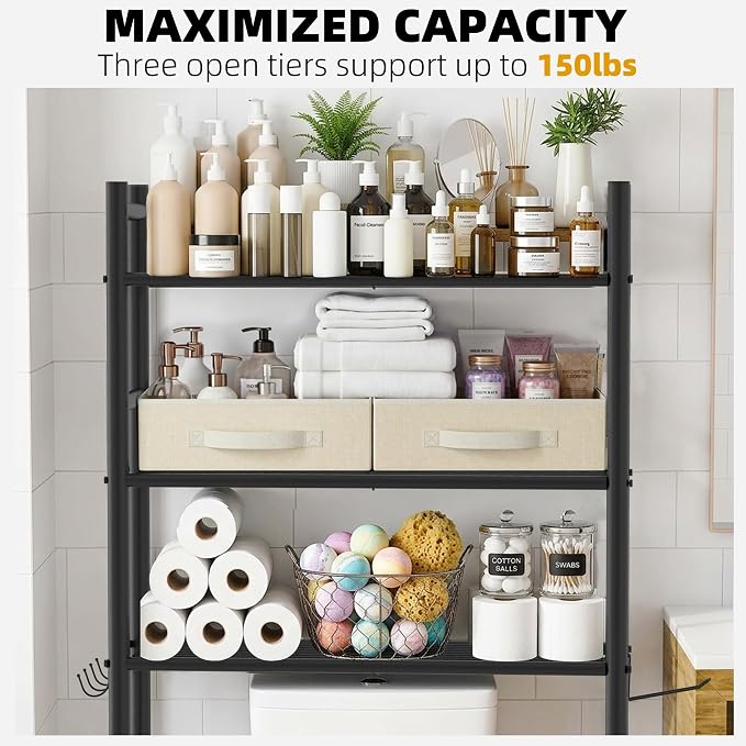 GloTika 3-Tier Over Toilet Storage with 2 Basket & Anti-Tilt System - 150lb Total Capacity Metal Bathroom Shelves Including Paper Holder & 4 Hooks, Space Saving Above Commode Organizer (64" H, Black)