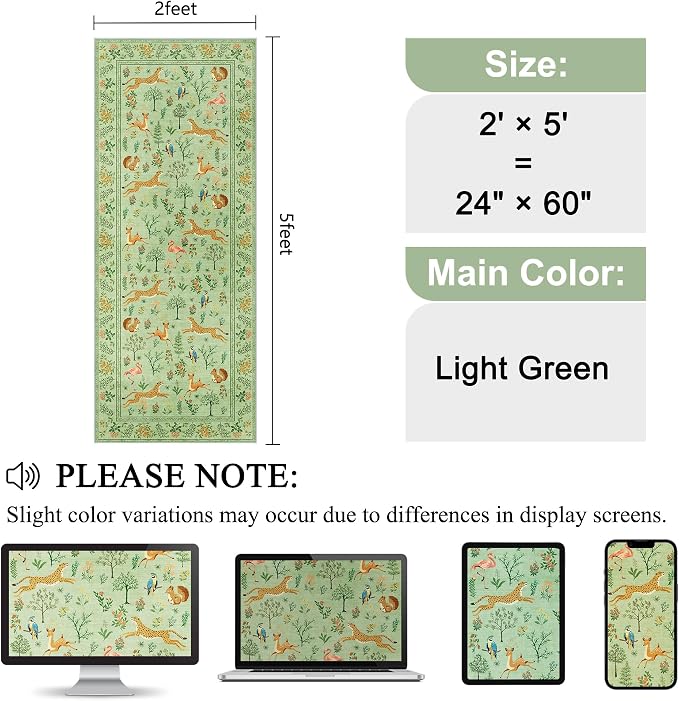 DUKINO 2x5 Rug for Hallway, Washable Kitchen Runner Rug with Non Slip Backing, Soft Low Pile Vintage Animal Runner for Bedroom, Kitchen, Hallway, Entryway, Laundry, Light Green