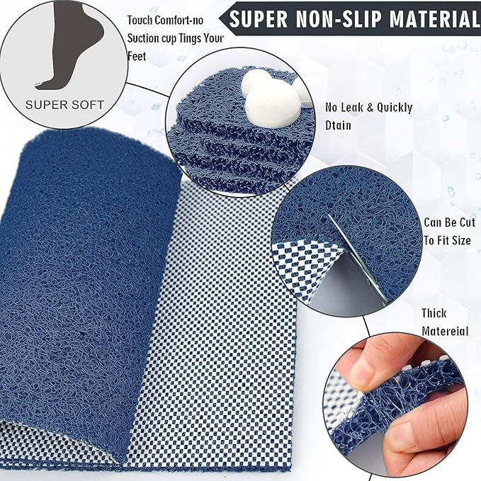godehone Shower Mats Non Slip Without Suction Cups, PVC Loofah Bathroom Mats, Loofah Mats for Shower and Bathroom, Quick Drying, 15.7× 36 Inch, Blue
