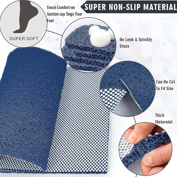 godehone Shower Mats Non Slip Without Suction Cups, PVC Loofah Bathroom Mats, Loofah Mats for Shower and Bathroom, Quick Drying, 23.6× 34.6 Inch, Blue