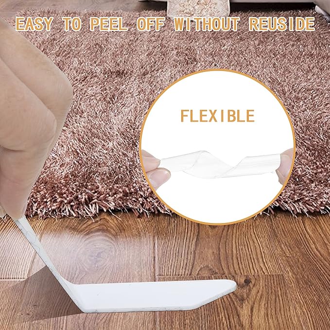 Rug Tape,16 Pcs Dual Sided Washable Removable Rug Stopper for Area Rug, Non Slip Adhesive Prevent Curl for Hardwood Floors and Carpet Corners