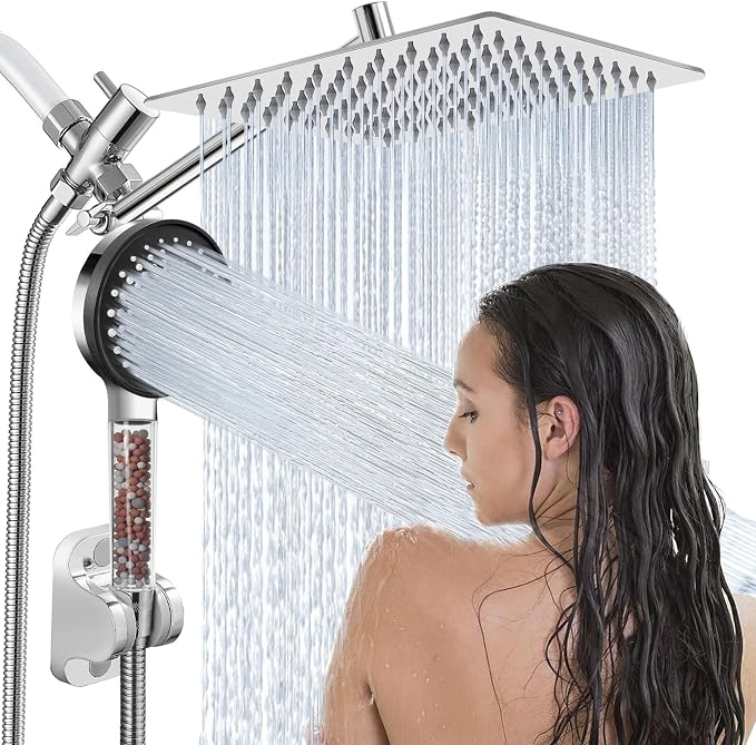 Filtered Shower Head,8”Rain Shower Head with Handheld Spray Combo with 11'' Angle Adjustable Extension Arm/Flow Regulator/Shower System,High Pressure Rainfall Shower Head Bathroom,Chrome
