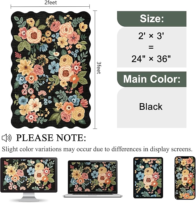 DUKINO 2x3 Entryway Rug, Floral Washable Indoor Door Mat with Non-Slip Backing, Soft Low Pile Small Front Door Throw Rugs for Entryway, Kitchen, Bedroom, Laundry, Bathroom,Black