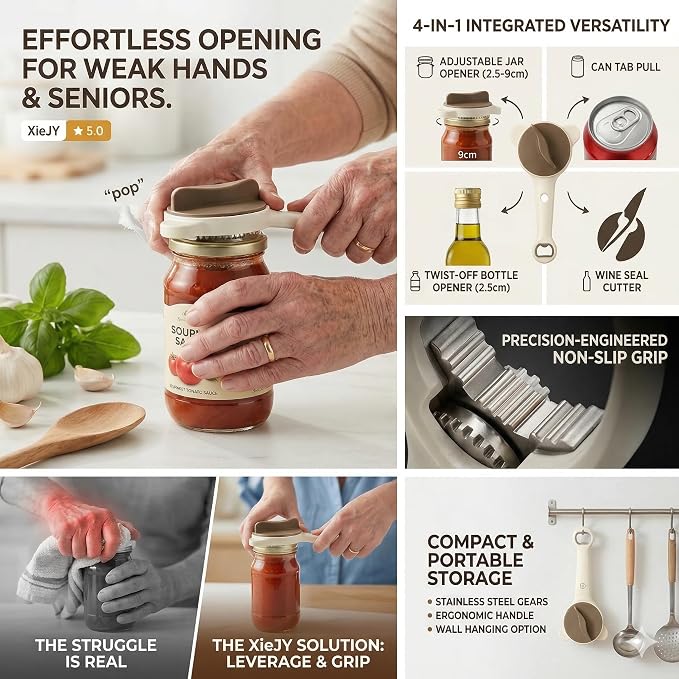 NiceGo 4-in-1 Adjustable Jar Opener - Premium Stainless Steel Lid Remover for Seniors & Arthritis Sufferers, Effortless Multi-Function Bottle & Can Opener for Kitchen Gadgets (1 Pack)