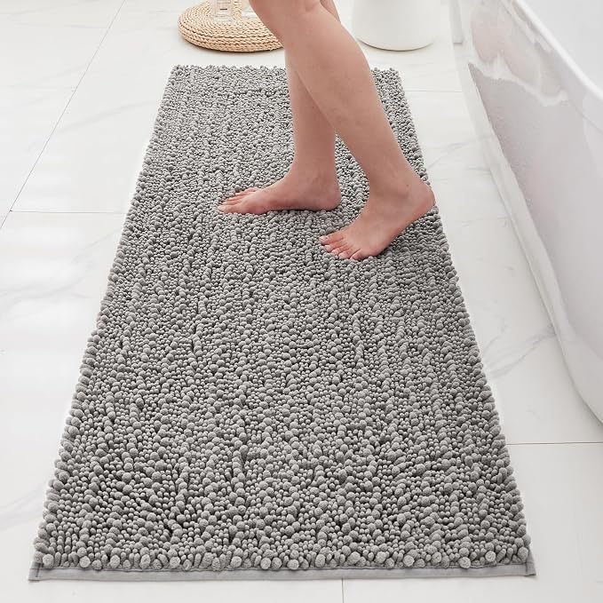 Bathroom Rugs Non Slip Washable 70x24, Extra Thick Soft Chenille Absorbent Bath Mat, High Density Barrier Non Slip Backing, Quick Dry Plush Shaggy Floor Carpet for Tub&Shower, Grey