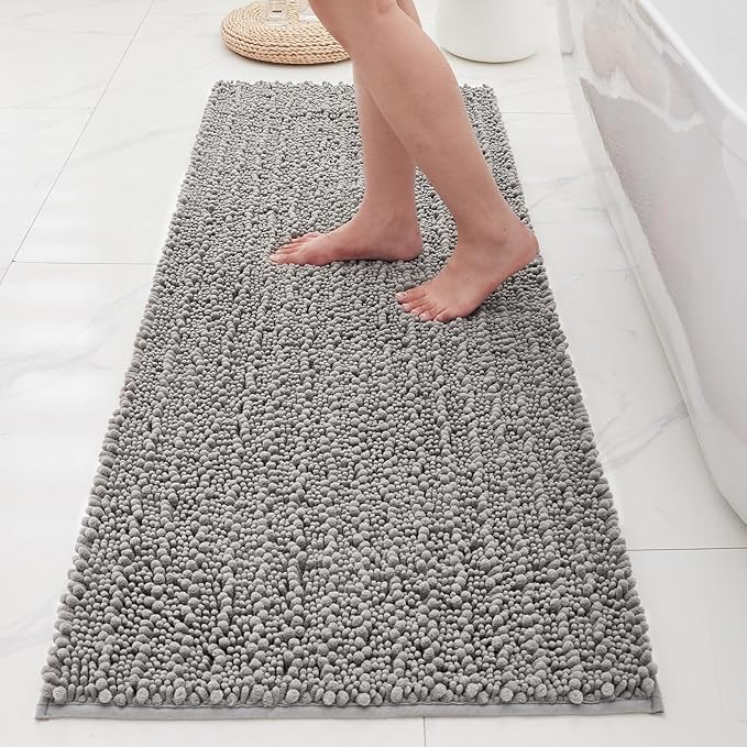 Bathroom Rugs Non Slip Washable 60x24, Extra Thick Soft Chenille Absorbent Bath Mat, High Density Barrier Non Slip Backing, Quick Dry Plush Shaggy Floor Carpet for Tub&Shower, Grey