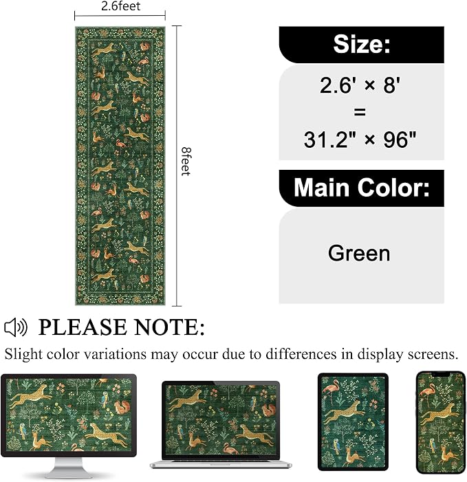 DUKINO 2.6x8 Rug for Hallway, Washable Kitchen Runner Rug with Non Slip Backing, Soft Low Pile Vintage Animal Runner for Bedroom, Kitchen, Hallway, Entryway, Laundry, Green