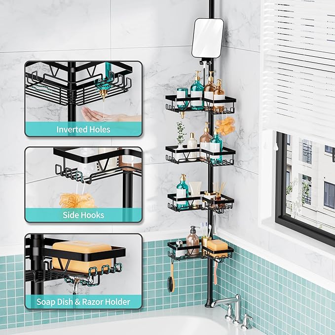 KEGII Shower Caddy Tension Pole - Adjustable Rustproof Corner Bathroom Organizer with Fogless Shower Mirror, 25–114.2 Inch No-Drill Bathroom Storage, Black