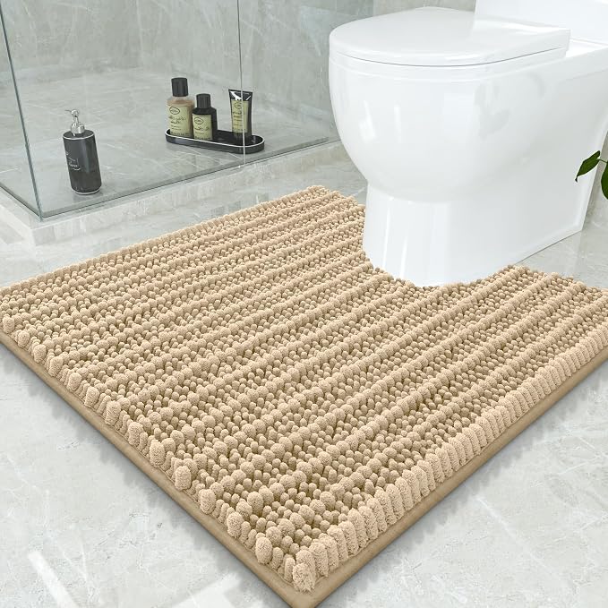 Smiry Bathroom Toilet Rugs U Shaped 24x24, Extra Soft Absorbent Non Slip Rubber Backing Chenille Contour Bath Rugs for Toilet, Machine Washable Contoured Bath Mats, Beige