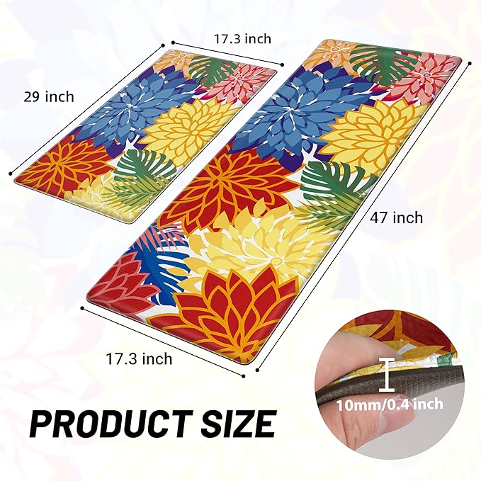 Arenarug Kitchen Mats for Floor 2PCS Cushioned Anti Fatigue Kitchen Mats Waterproof Non Slip Kitchen Mat Rug Set Comfort Foam Standing Mat for Sink, Laundry, Office,17.3" x 28" + 17.3" x 47", Colorful