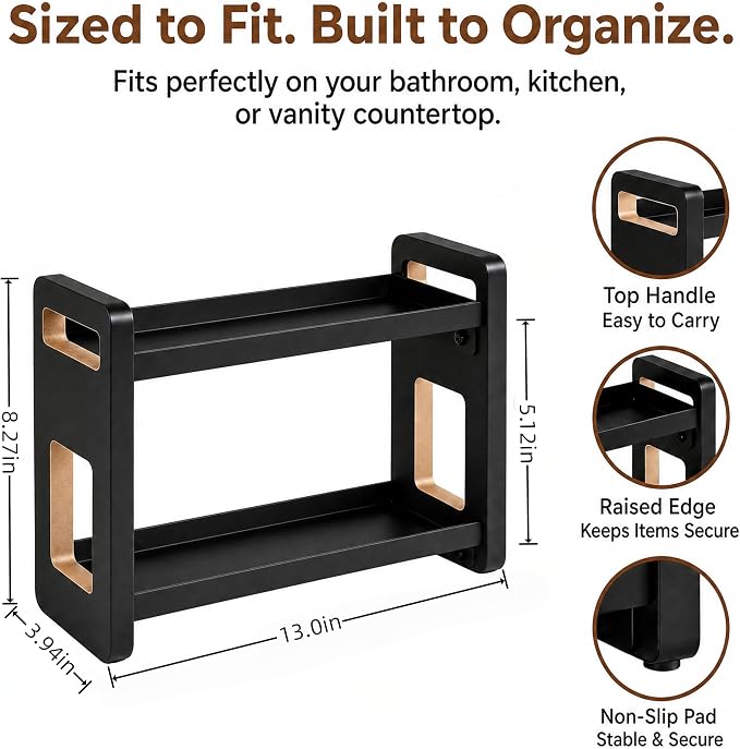 Narrow Solid Wood Bathroom Counter Organizer, Space-Saving Bathroom Storage Rack for Vanity, Multi-Purpose Kitchen Spice Rack & Bedroom Makeup Organizer (Black, 2 Tier)