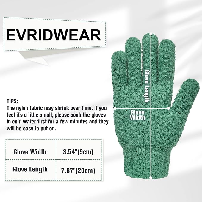 Evridwear Exfoliating Recycled Yarn Eco-Friendly Bath Gloves for Shower, Spa, Massage and Body Scrubs, Dead Skin Cell Remover, Ingrown Hair, Scratching, Gloves with Hanging Loop (1 Pair Heavy Glove)