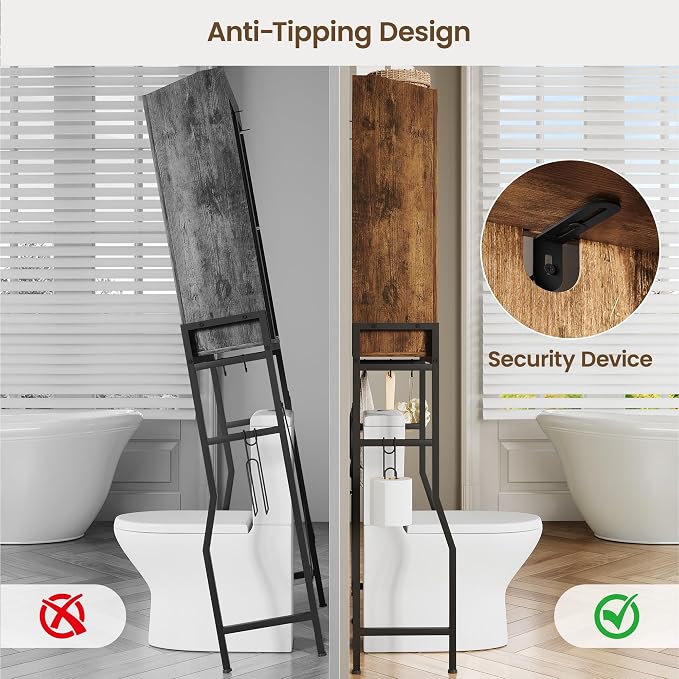 Memobarco Over The Toilet Storage Cabinet, Over Toilet Organizer with 2-Door & Metal Stand, Bathroom Organizers and Storage with Adjustable Shelves for Bathroom, Restroom, Laundry, Rustic Brown